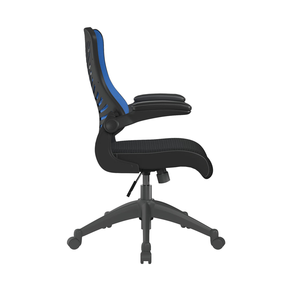 Black office chair with blue mesh back on a white background