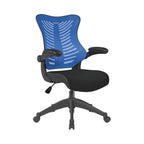 Black office chair with blue mesh back on a white background