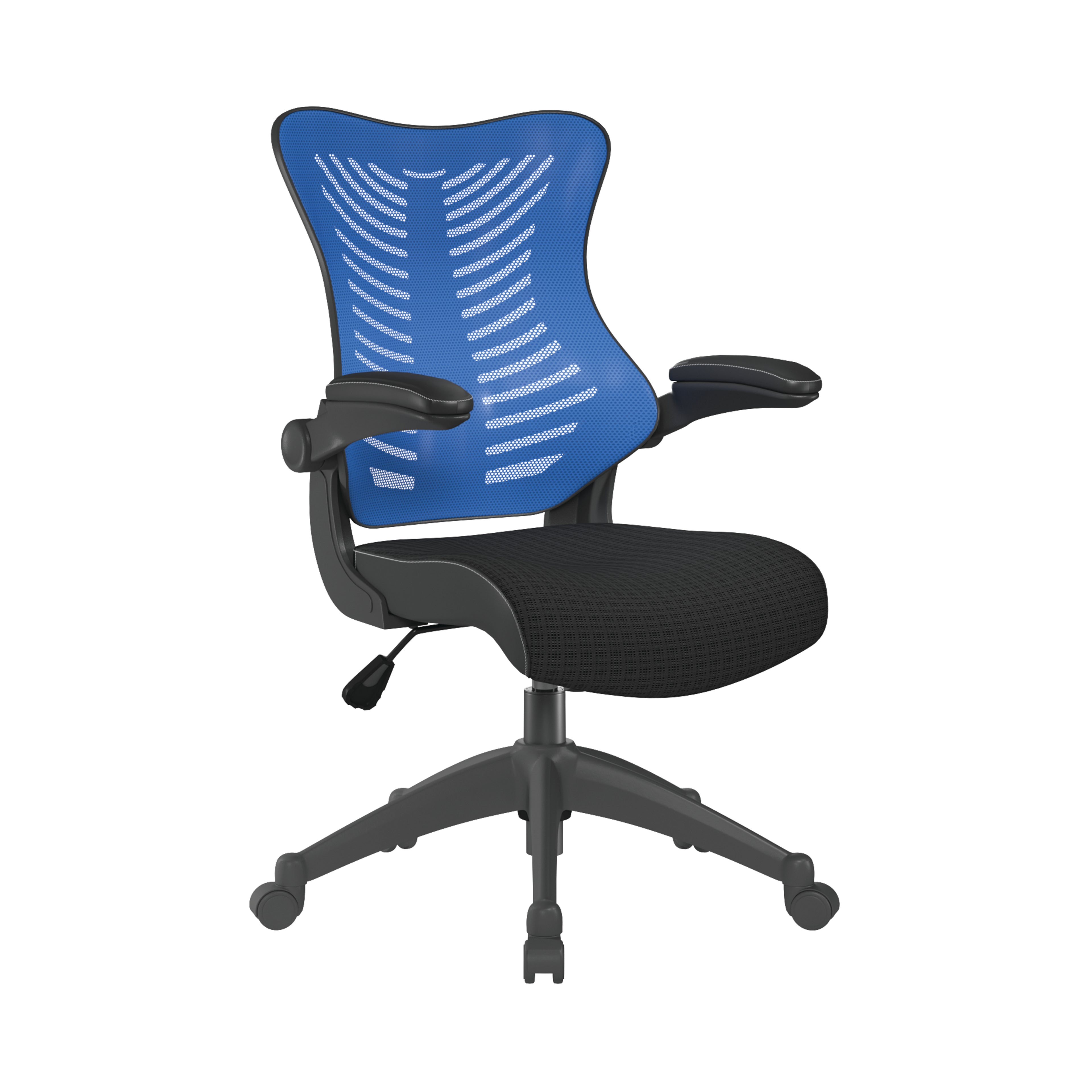 Black office chair with blue mesh back on a white background