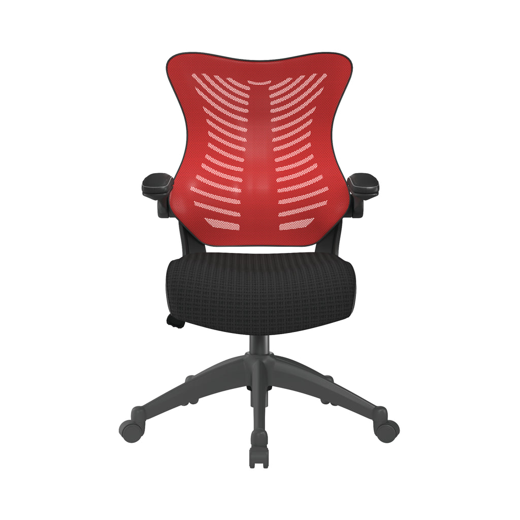 Black office chair with red back on a white background