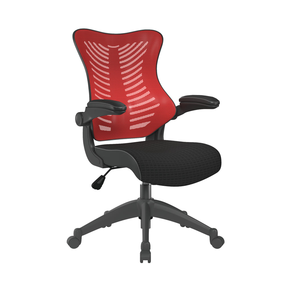 Black office chair with red back on a white background