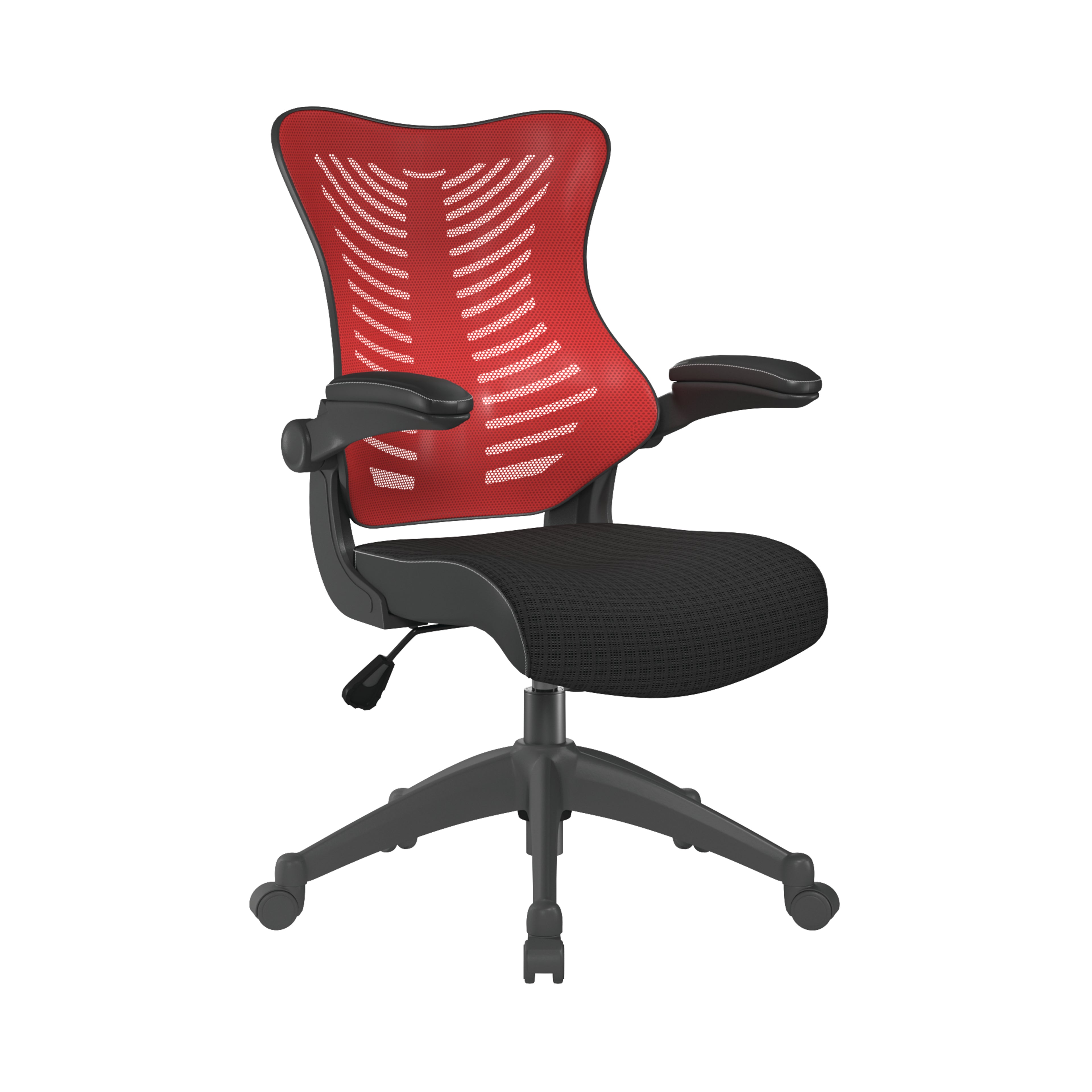 Black office chair with red back on a white background