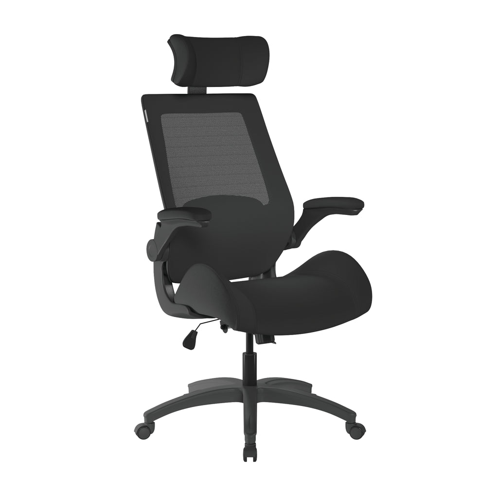 Black office chair with headrest on a white background