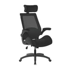 Black office chair with headrest on a white background