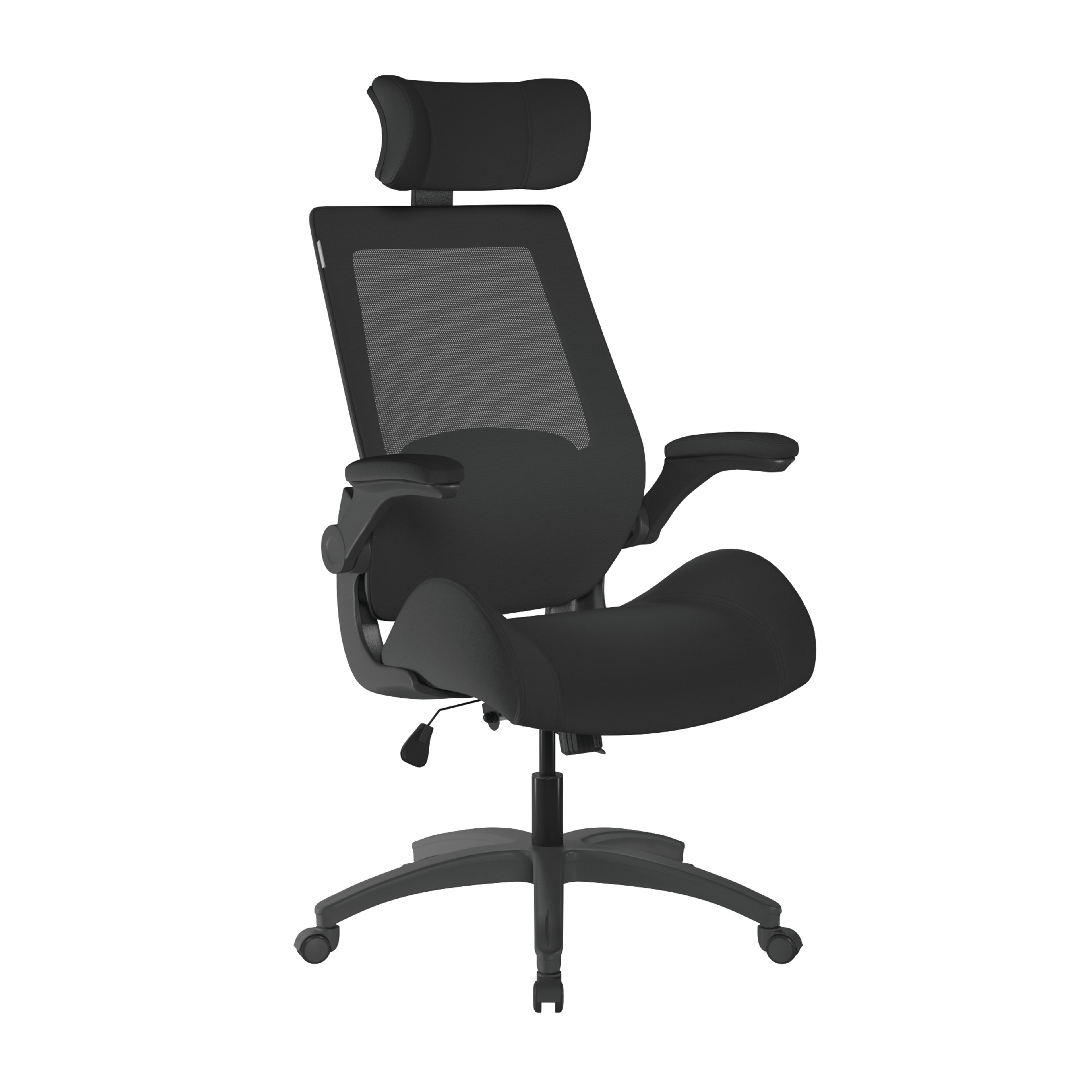 Black office chair with headrest on a white background