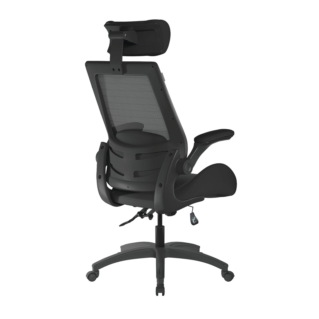 Black office chair with headrest on a white background