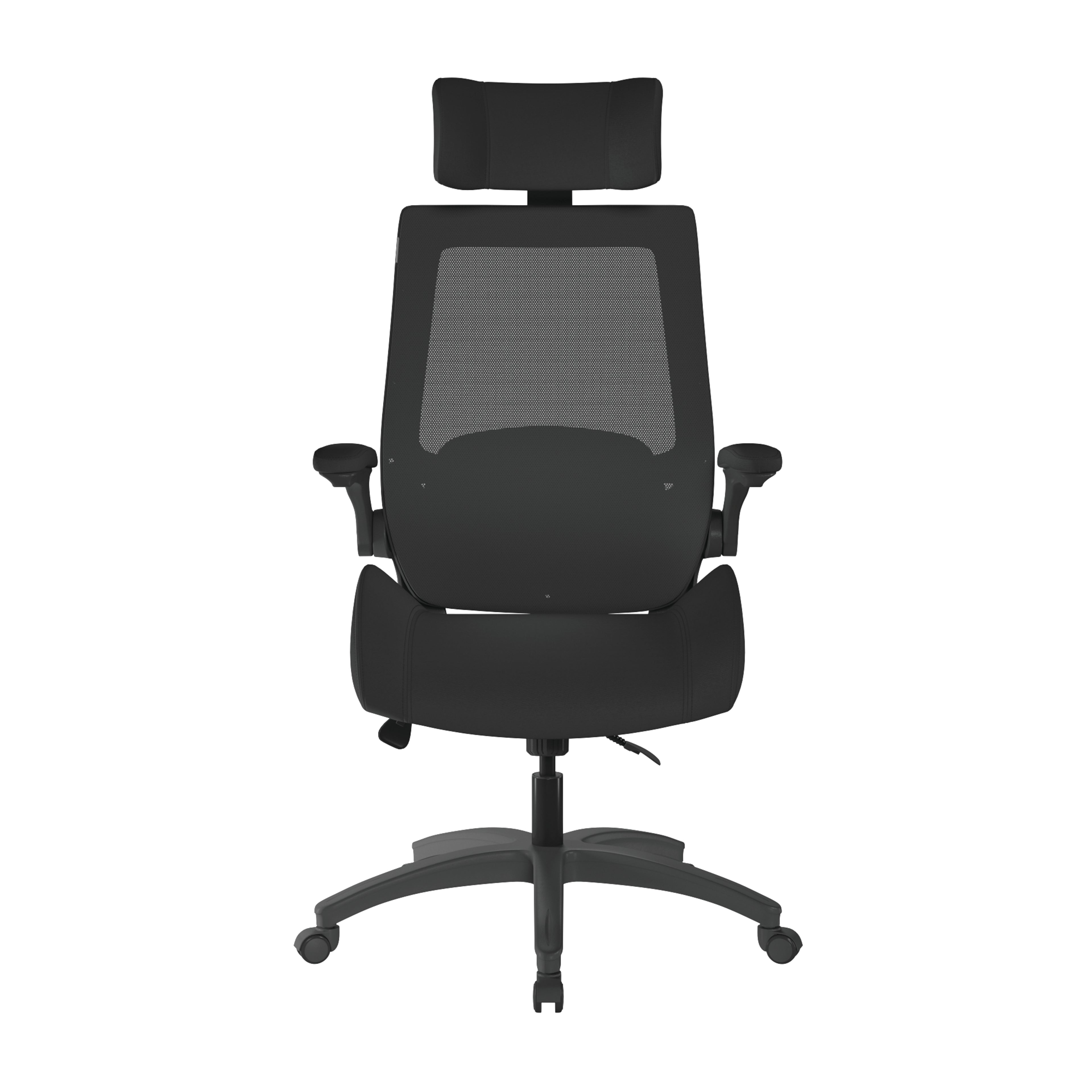 Black office chair with headrest on a white background