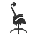 Black office chair with headrest on a white background