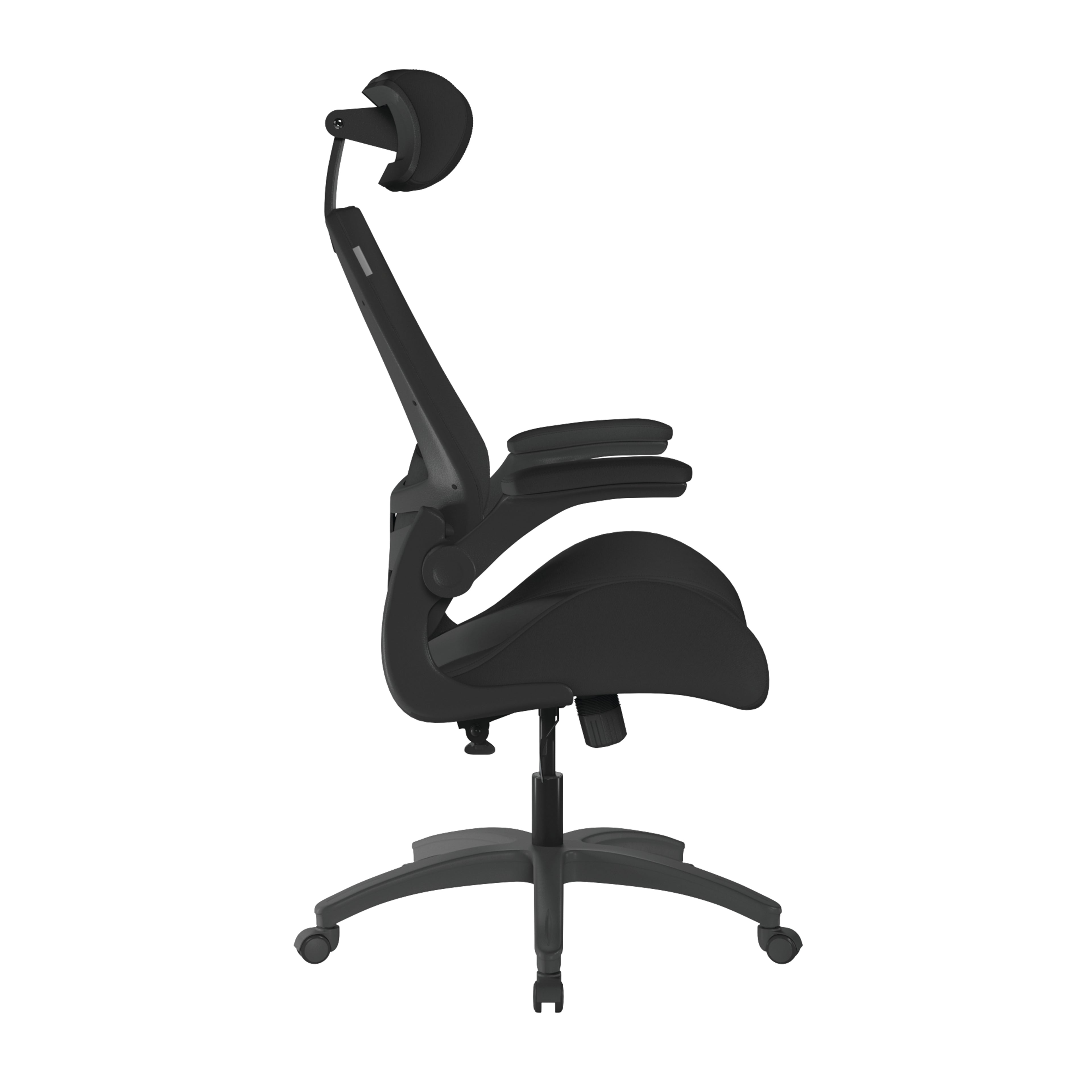 Black office chair with headrest on a white background