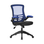 Blue and black office chair with black base on a white background