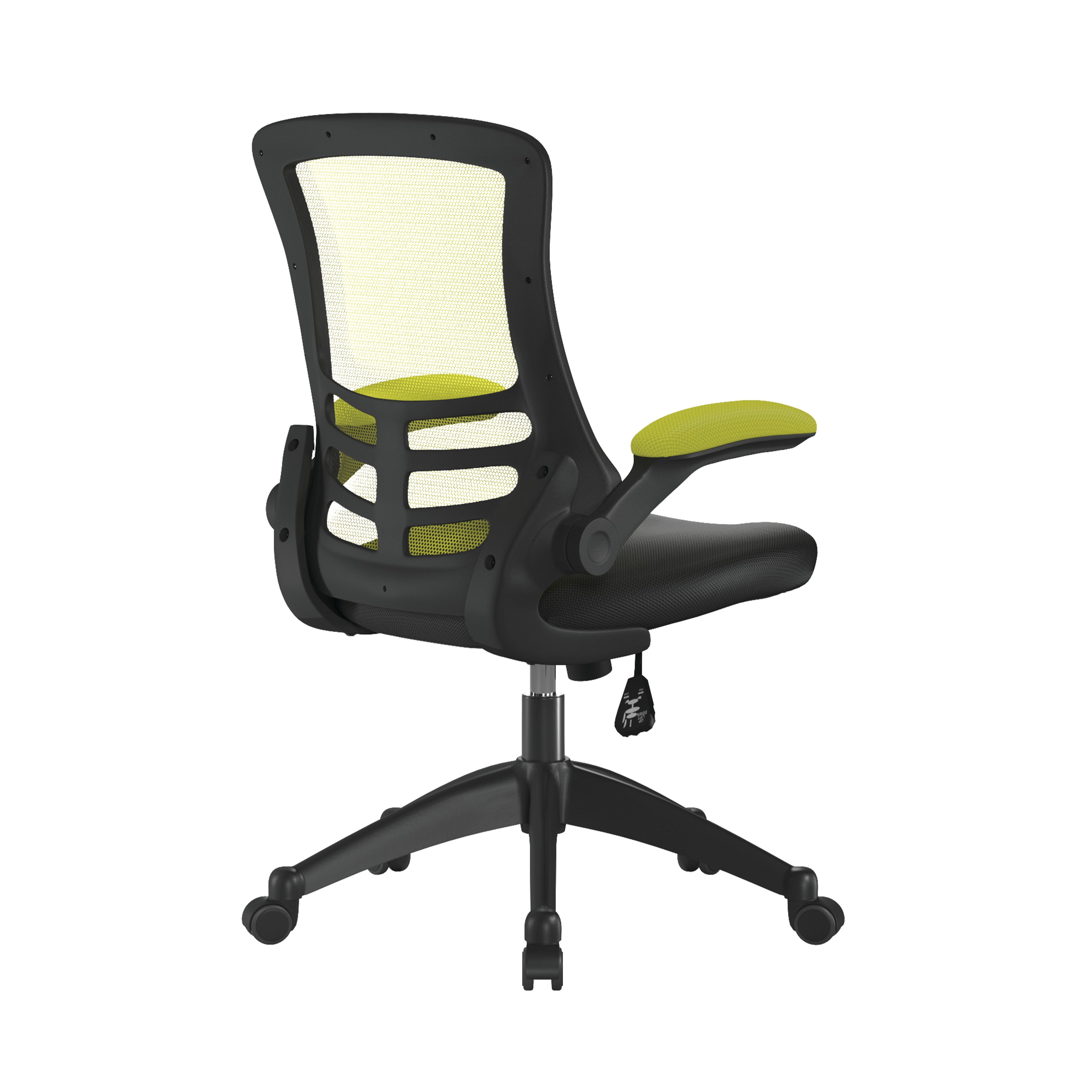 Green and black office chair with black base on a white background