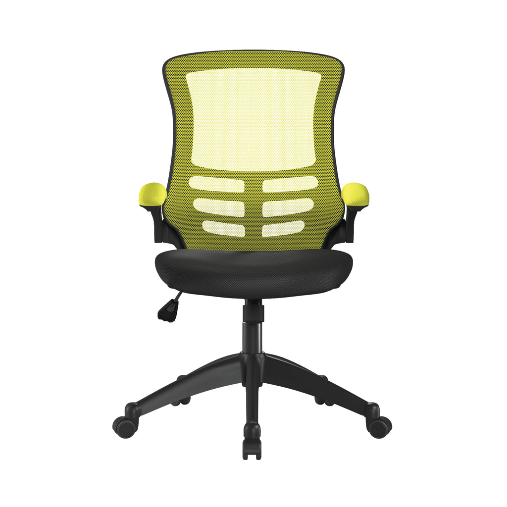 Green and black office chair with black base on a white background