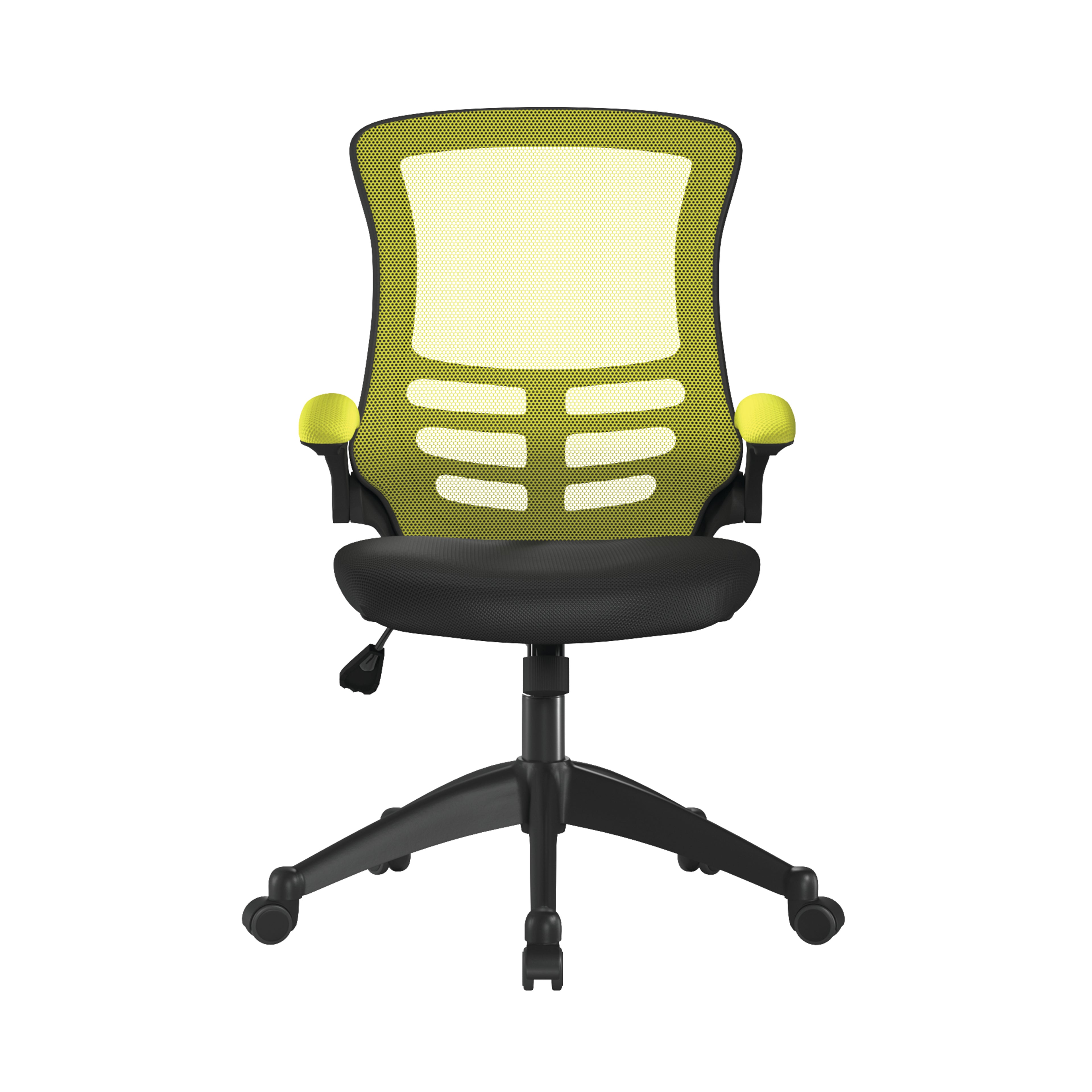 Green and black office chair with black base on a white background