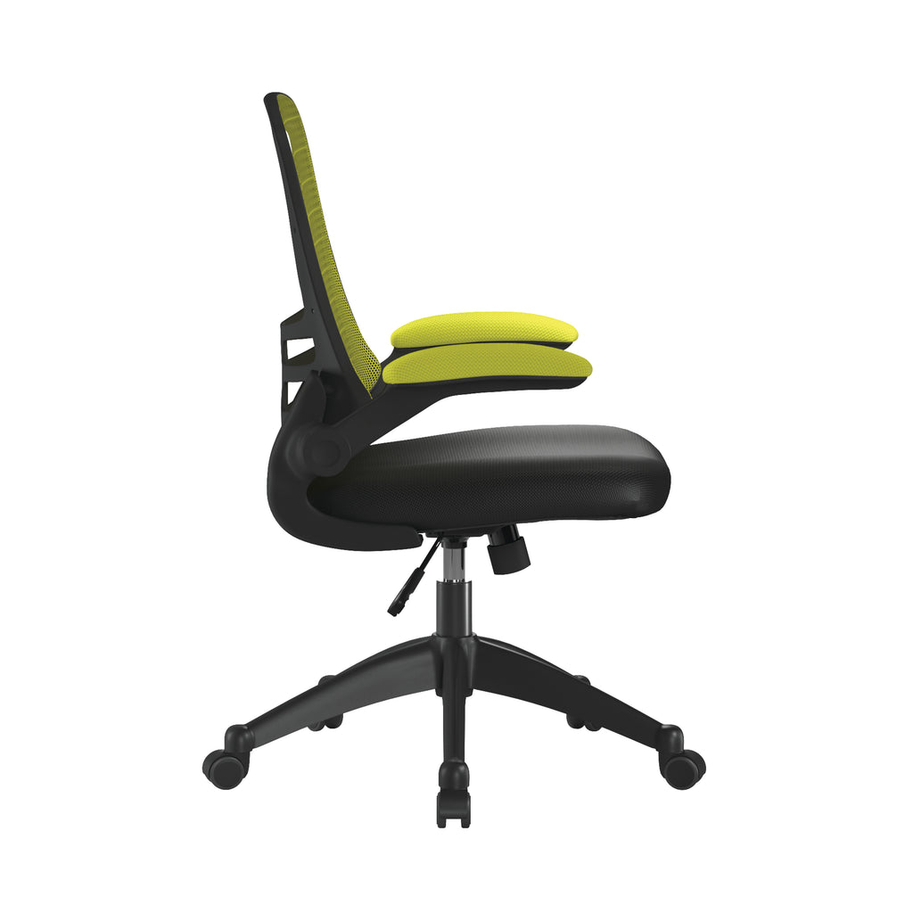 Green and black office chair with black base on a white background