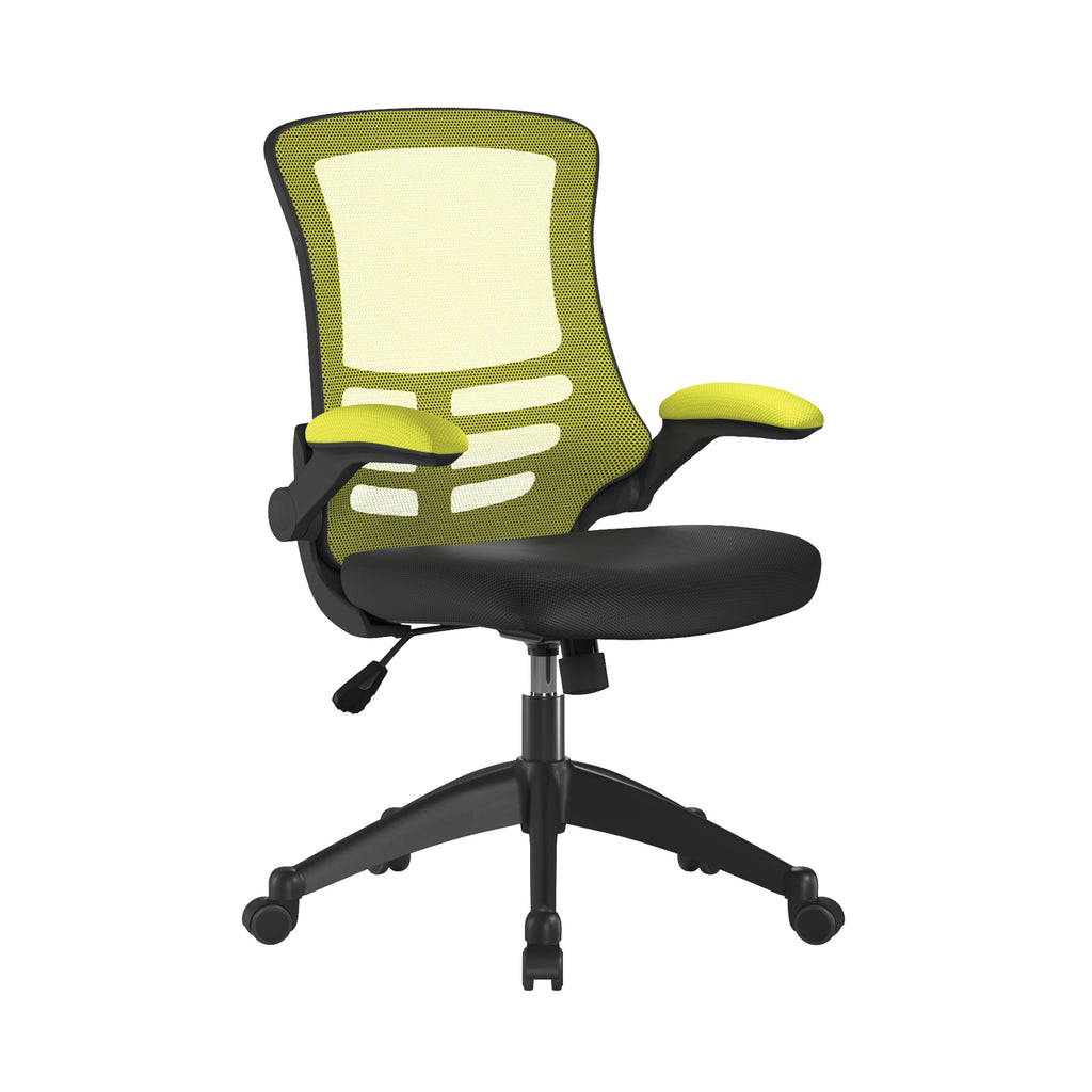 Green and black office chair with black base on a white background