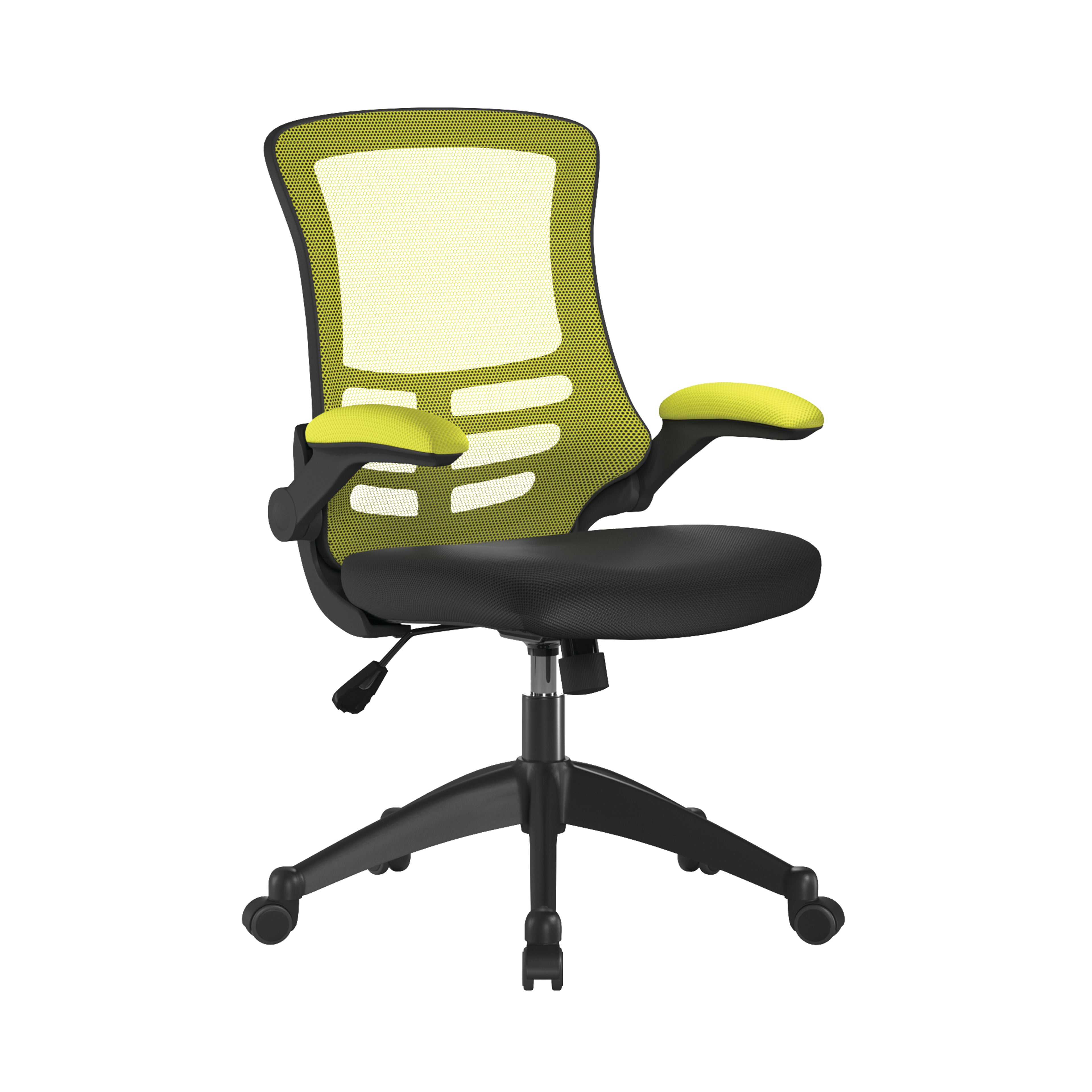 Green and black office chair with black base on a white background