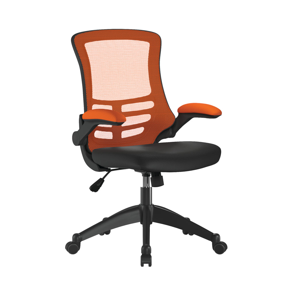 Orange and black office chair with black base on a white background