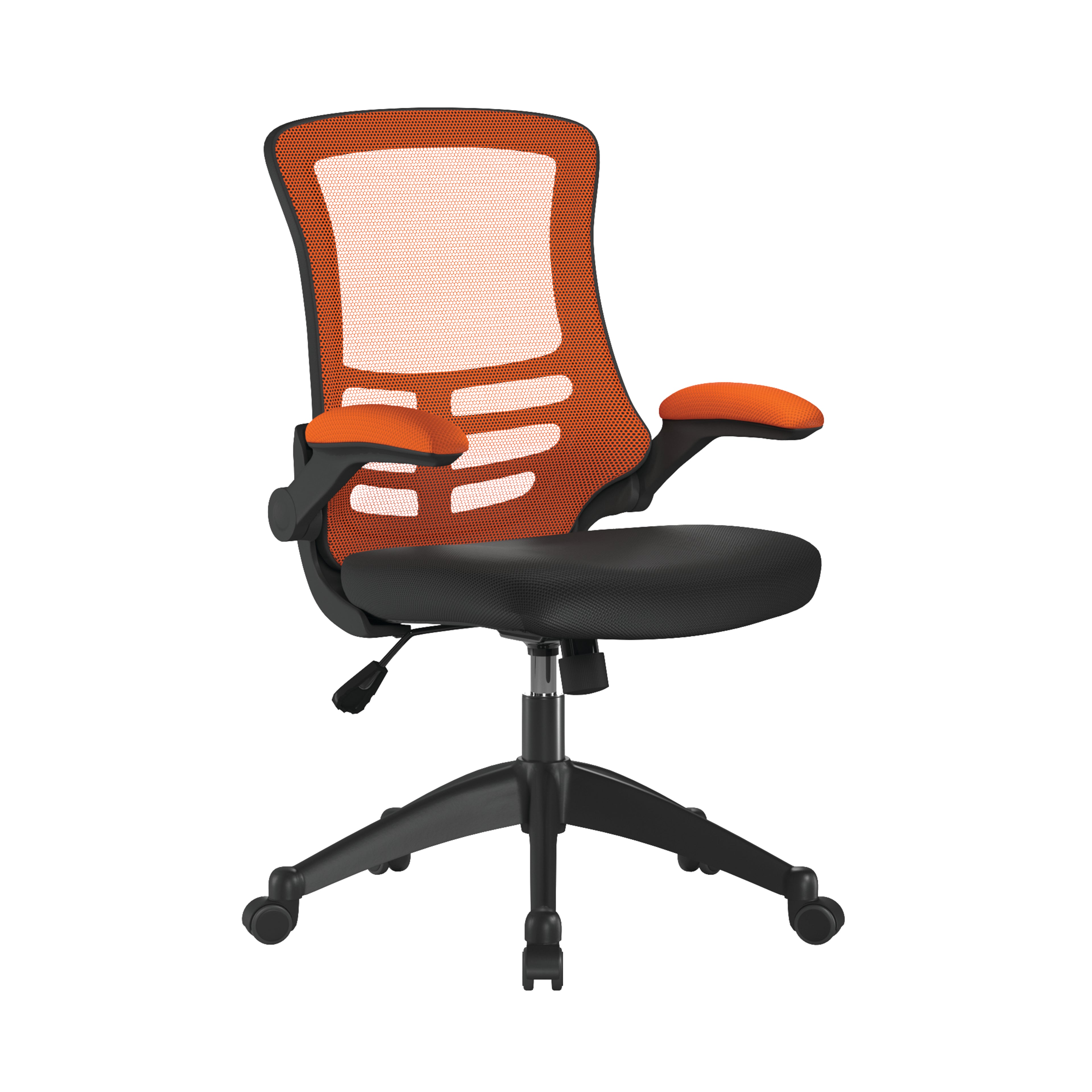 Orange and black office chair with black base on a white background
