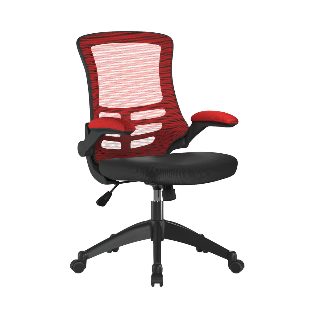 Red and black office chair with black mesh backrest on a white background