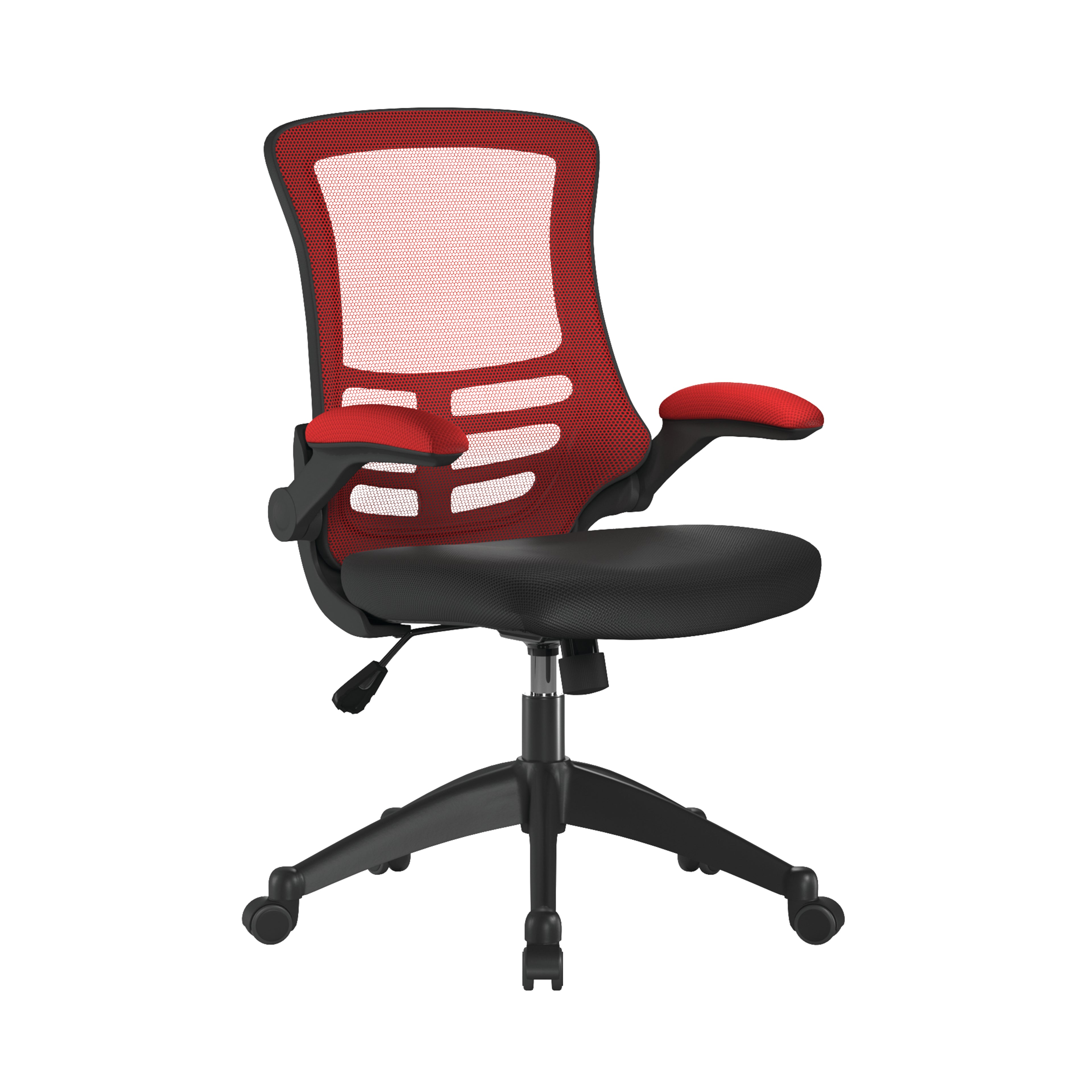 Red and black office chair with black mesh backrest on a white background