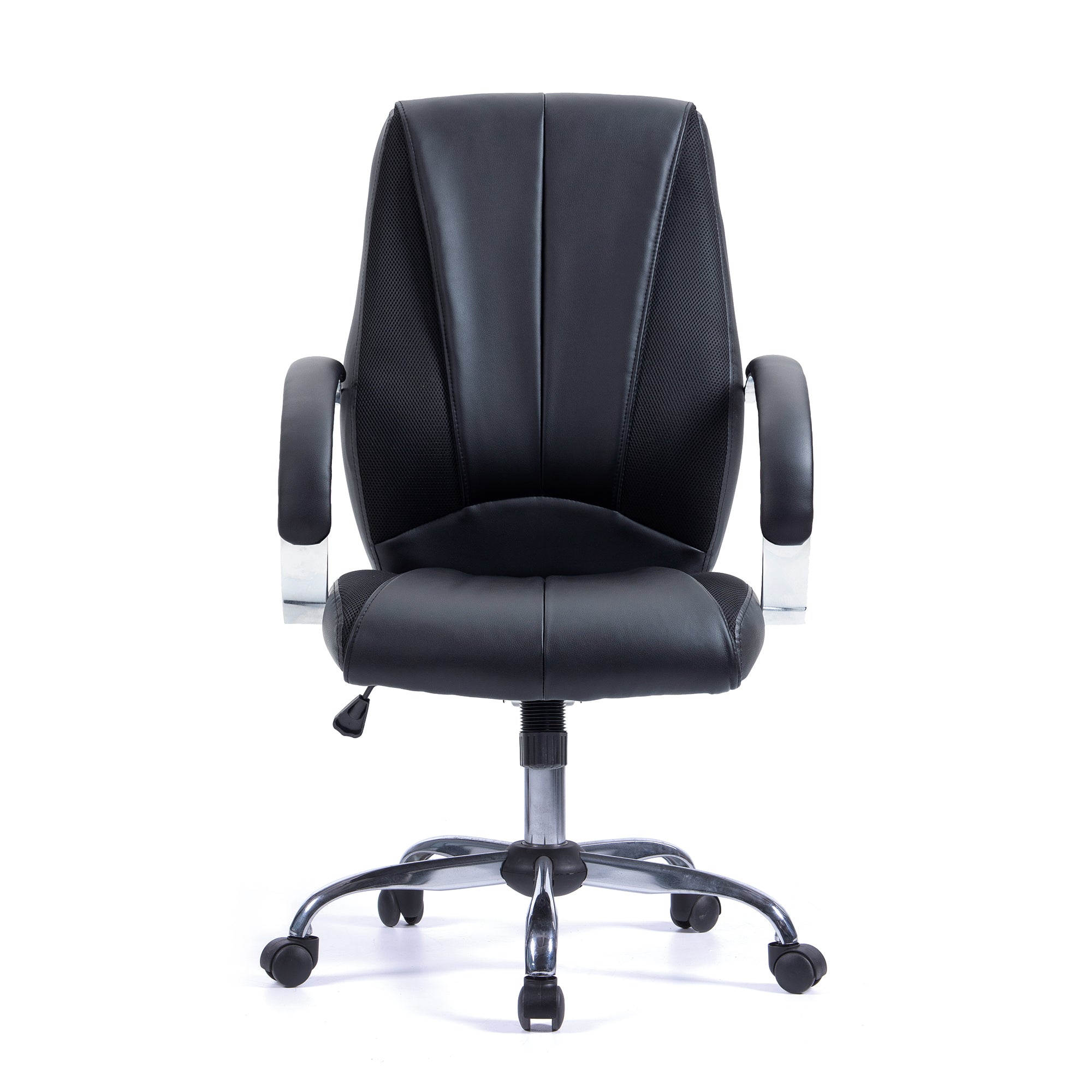 Black office chair with a high backrest on a white background
