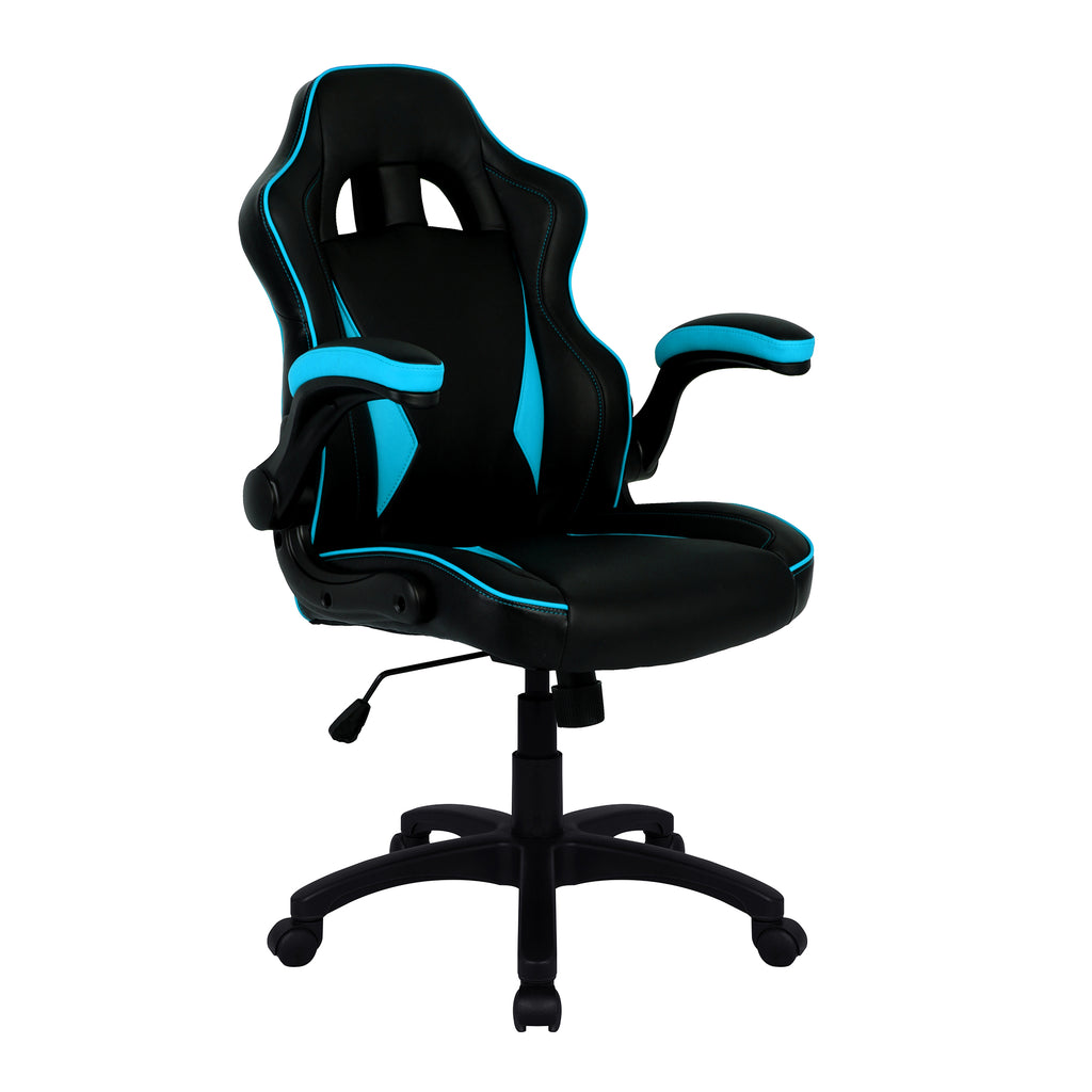 Black and blue gaming chair on a white background