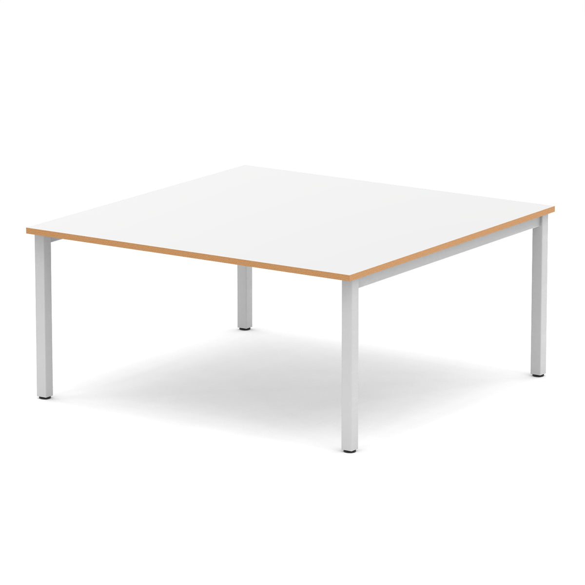 Square boardroom table with white top and oak edges with silver metal frame on a white background