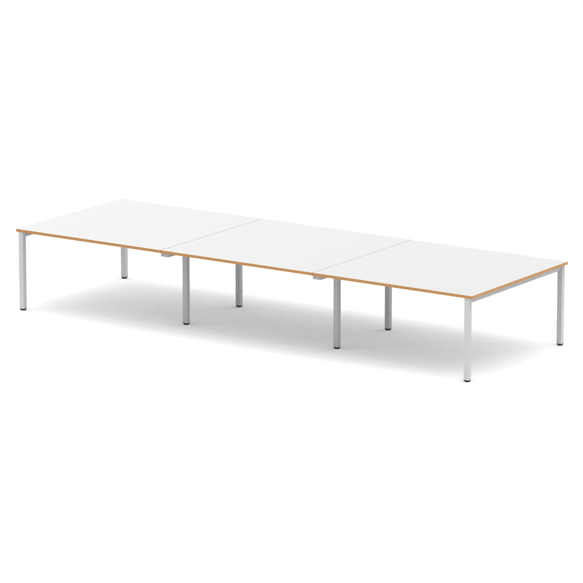 Boardroom table with white top and oak edges with silver metal frame on a white background