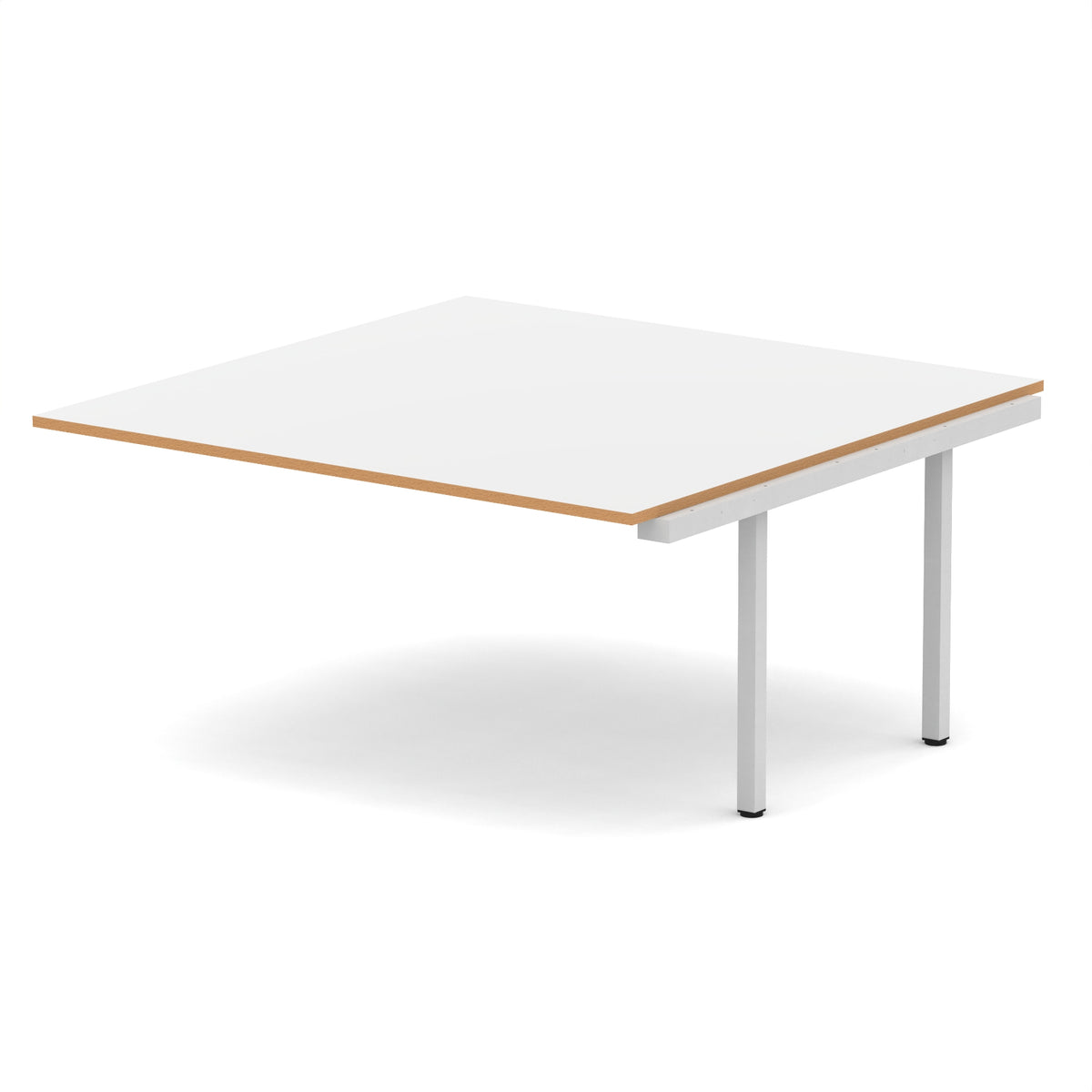 Square boardroom table add-on unit with white top and oak edges with silver metal frame on a white background