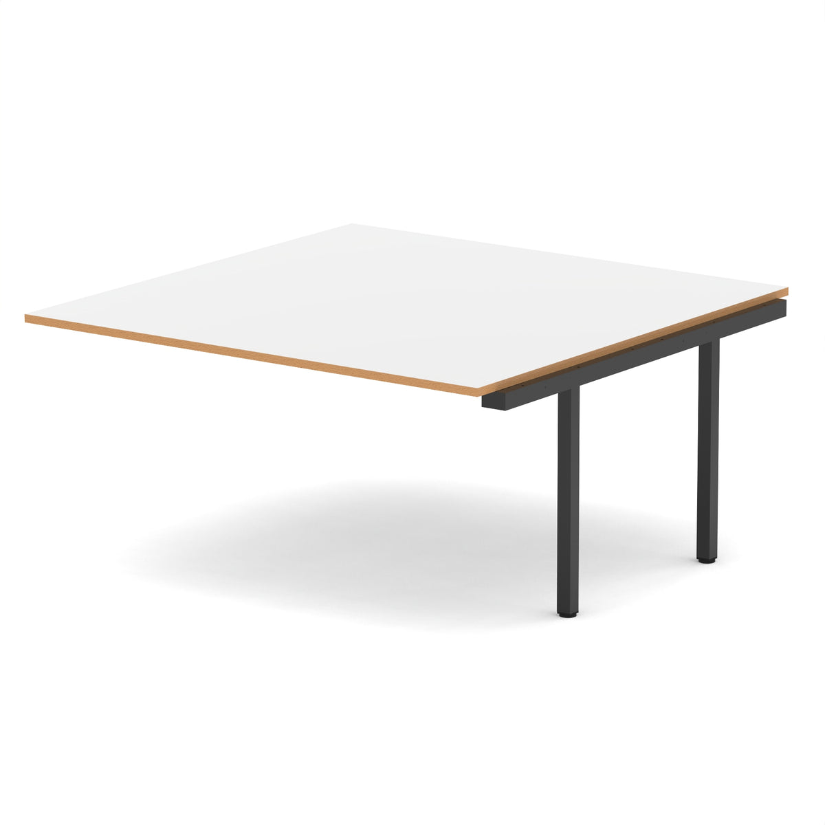 Boardroom table add- on unit with white top and oak edges with black metal frame on a white background