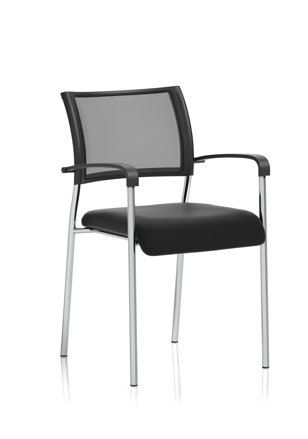 Black mesh back meeting room chair with fixed arms and chrome frame on a white background