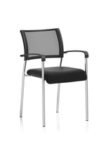 Black mesh back meeting room chair with fixed arms and chrome frame on a white background