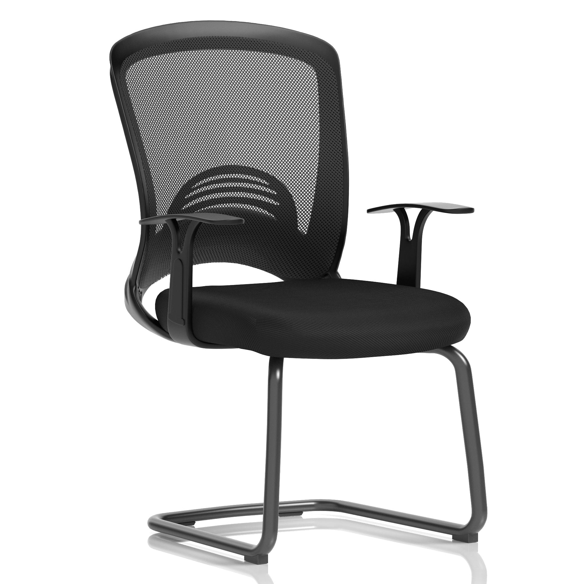 Black office meeting room chair with mesh back on a white background