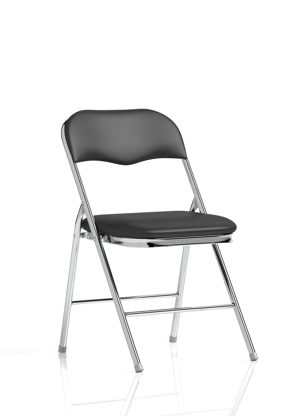 Black folding chair with chrome frame on a white background