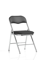 Black folding chair with chrome frame on a white background