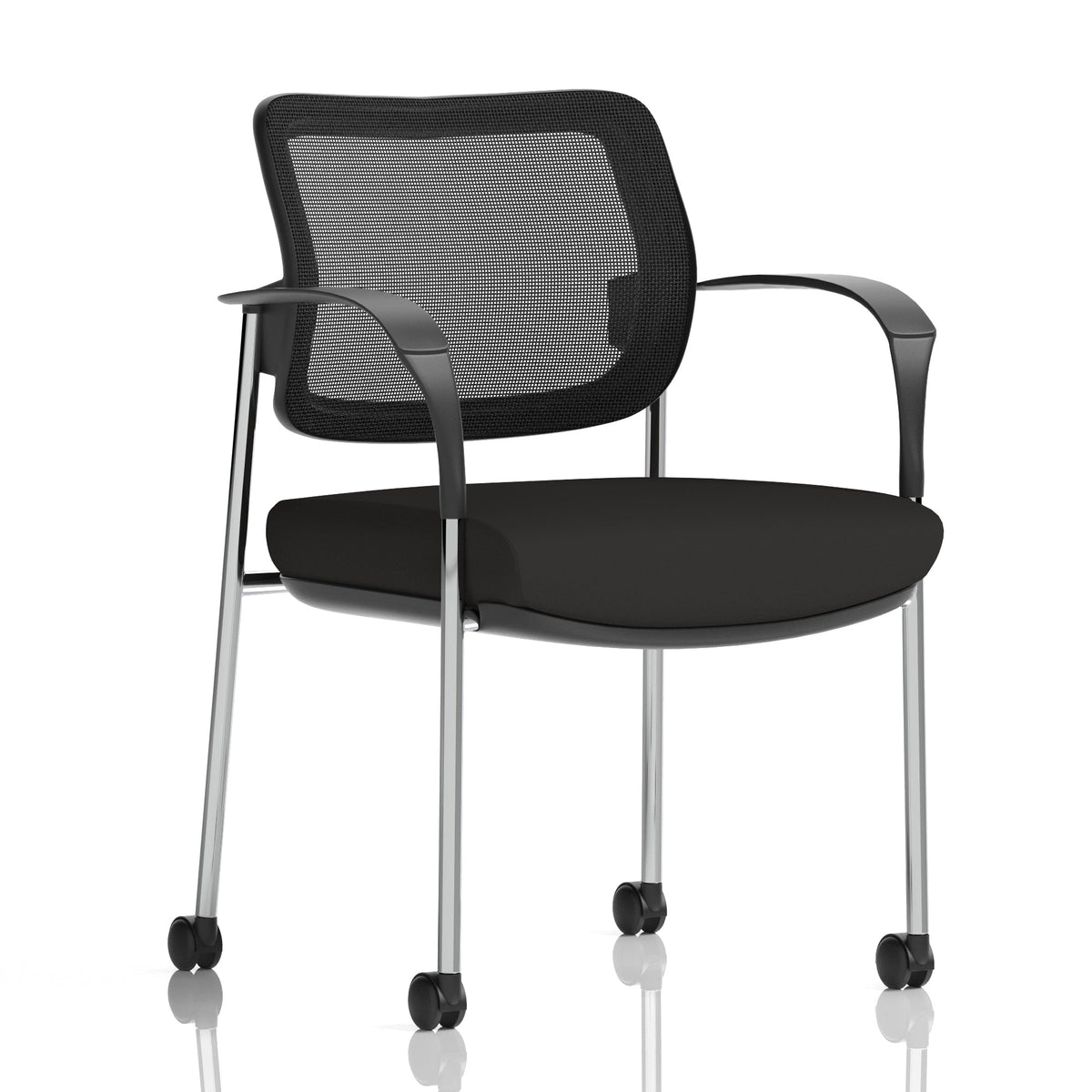 Black office chair with mesh backrest on a white background