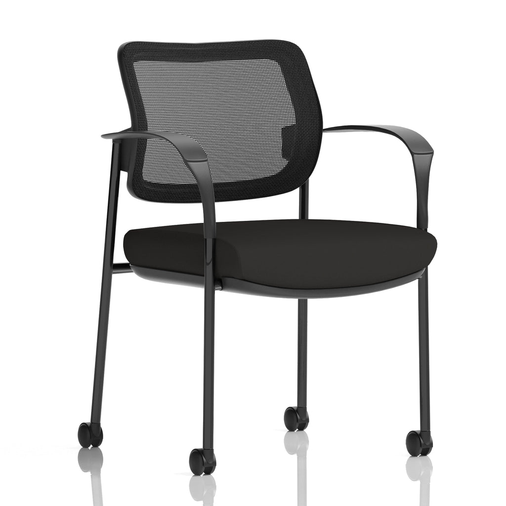 Black office chair with mesh backrest on a white background