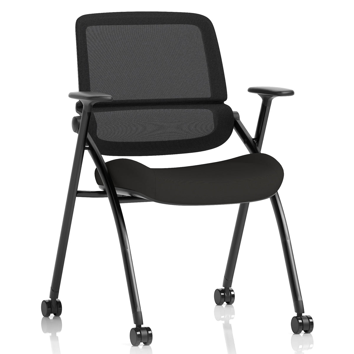 Black mesh back chair with arms and  metal frame with wheels, shown on a white background