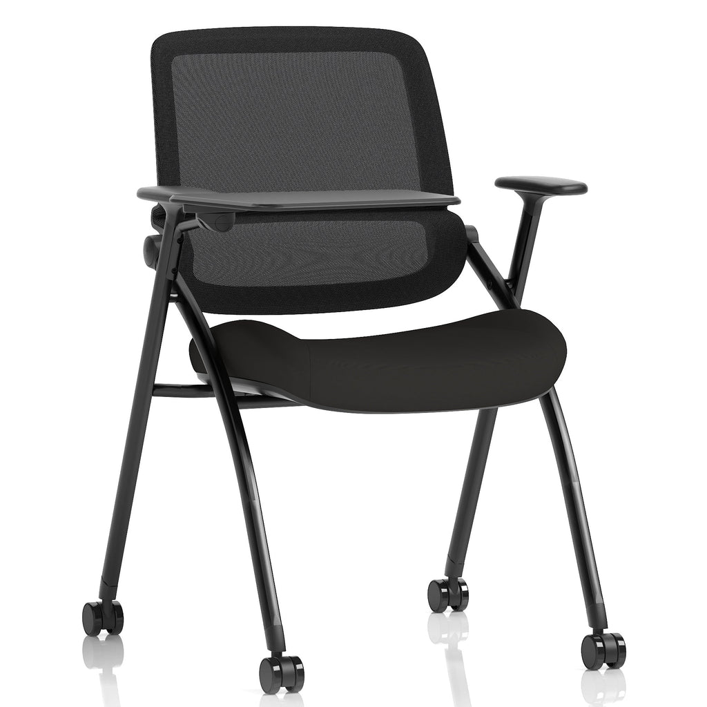 Black mesh back chair with arms and writing tablet, metal frame with wheels, shown on a white background