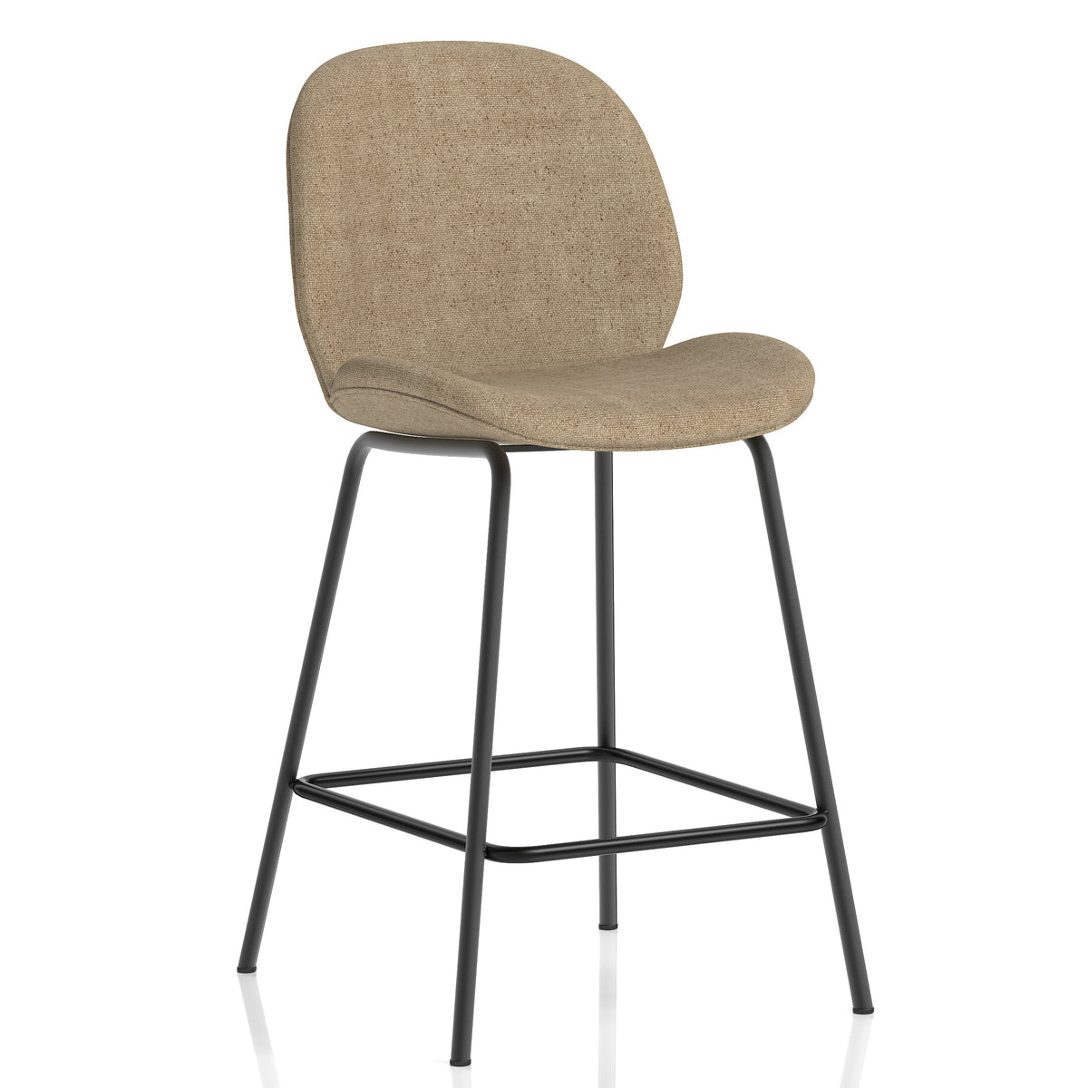 A modern counter stool with a curved, upholstered seat and backrest in a textured beige fabric, supported by a slim black metal frame with a footrest.