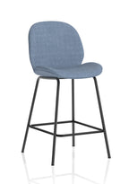 Blue bar stool with black metal legs on a white background