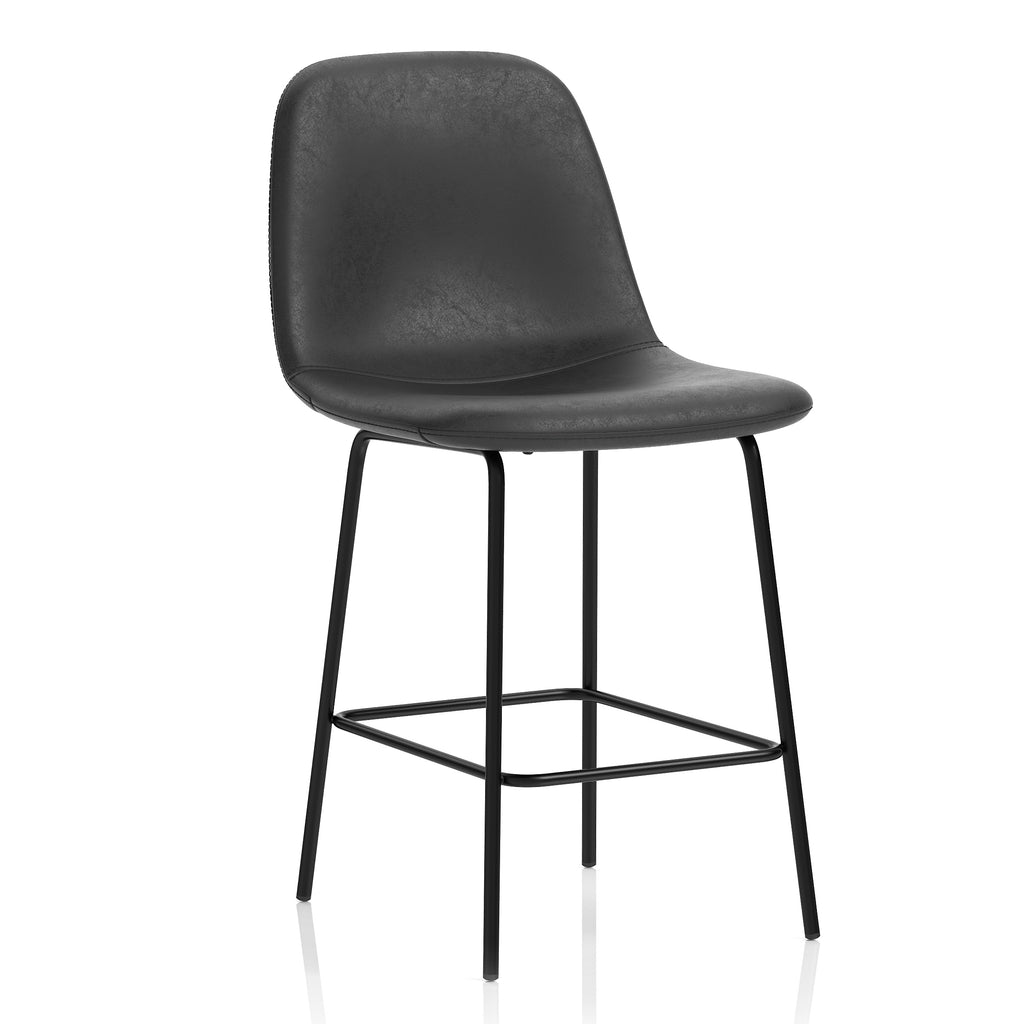 A modern counter-height stool with a black textured faux-leather seat and a slim black metal wire frame base, shown on a clean white background with a subtle reflection.
