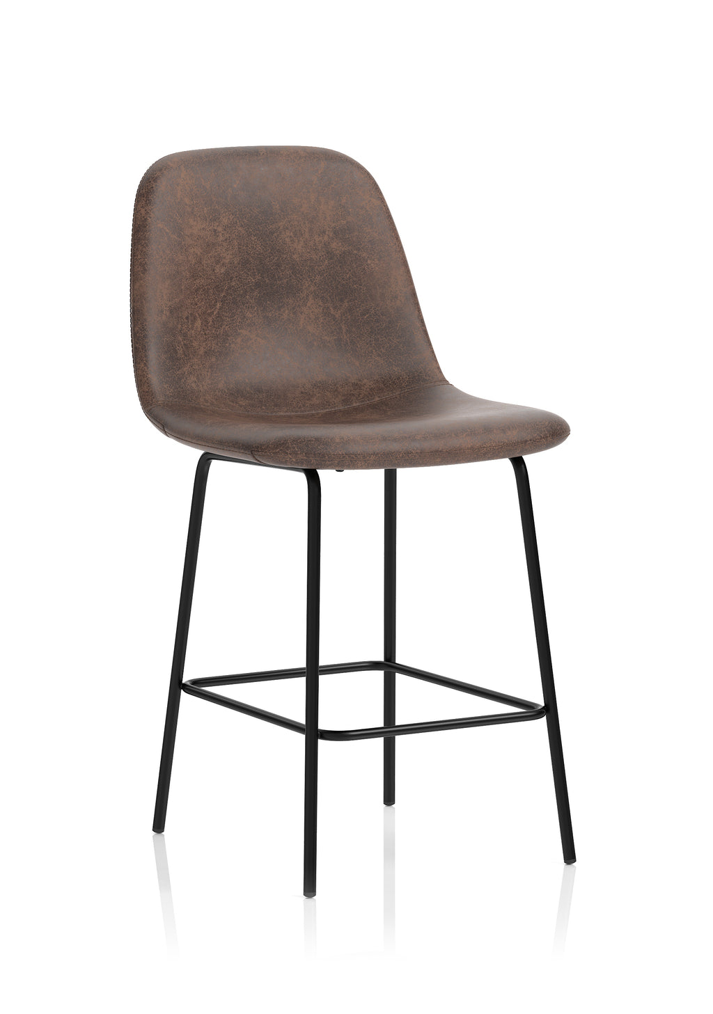 Brown bar stool with black metal legs on a white background
