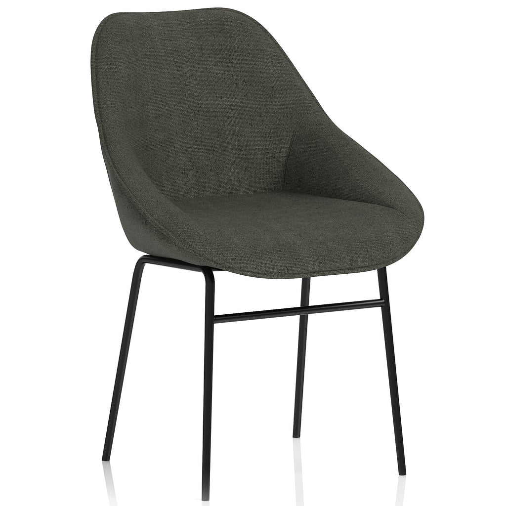 Grey upholstered chair with black metal legs on a white background