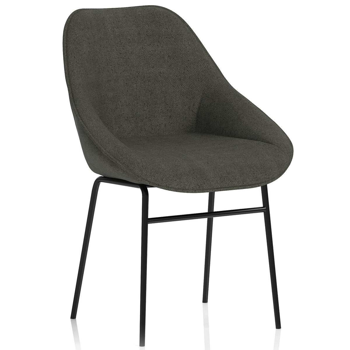 Grey upholstered chair with black metal legs on a white background