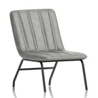 Grey upholstered chair with black metal legs on a white background
