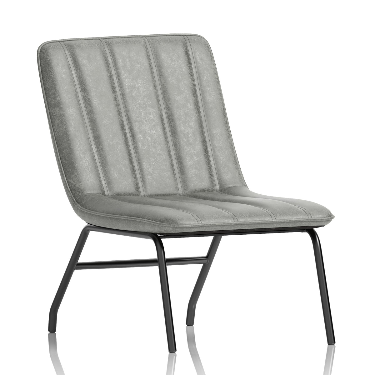 Grey upholstered chair with black metal legs on a white background