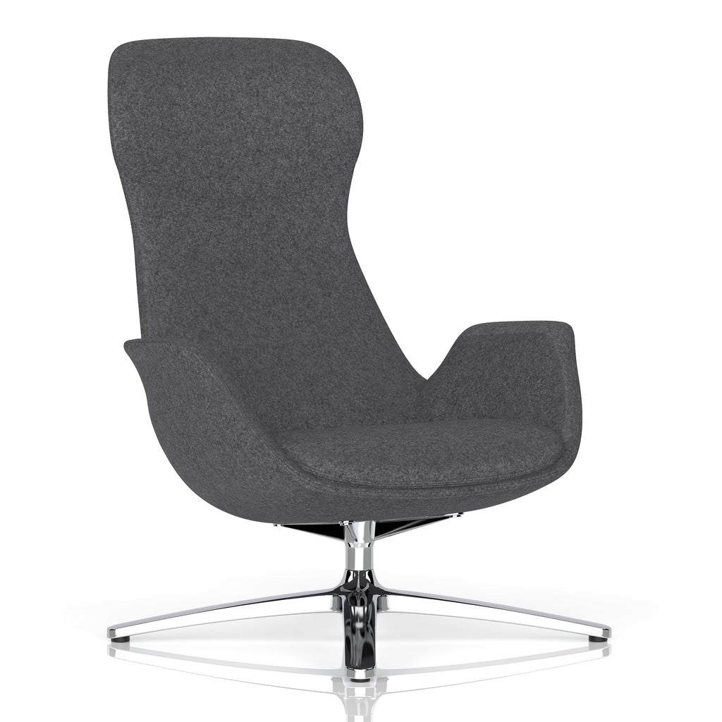 A modern high-back lounge chair upholstered in dark grey textured fabric, featuring integrated armrests and a polished chrome four-star base, shown on a white background with a subtle reflection.