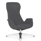 A modern high-back lounge chair upholstered in dark grey textured fabric, featuring integrated armrests and a polished chrome four-star base, shown on a white background with a subtle reflection.