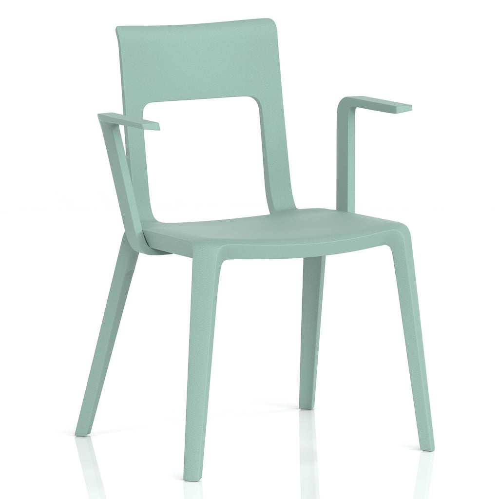 Light green chair with armrests on a white background